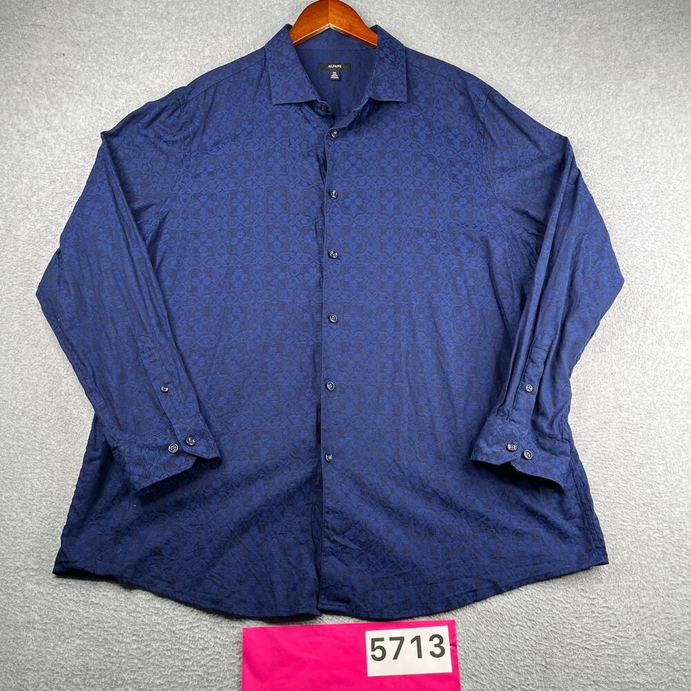 Alfani 2XL Shirt Blue Black Geometric Casual Button Up Long Sleeve Mens XXL